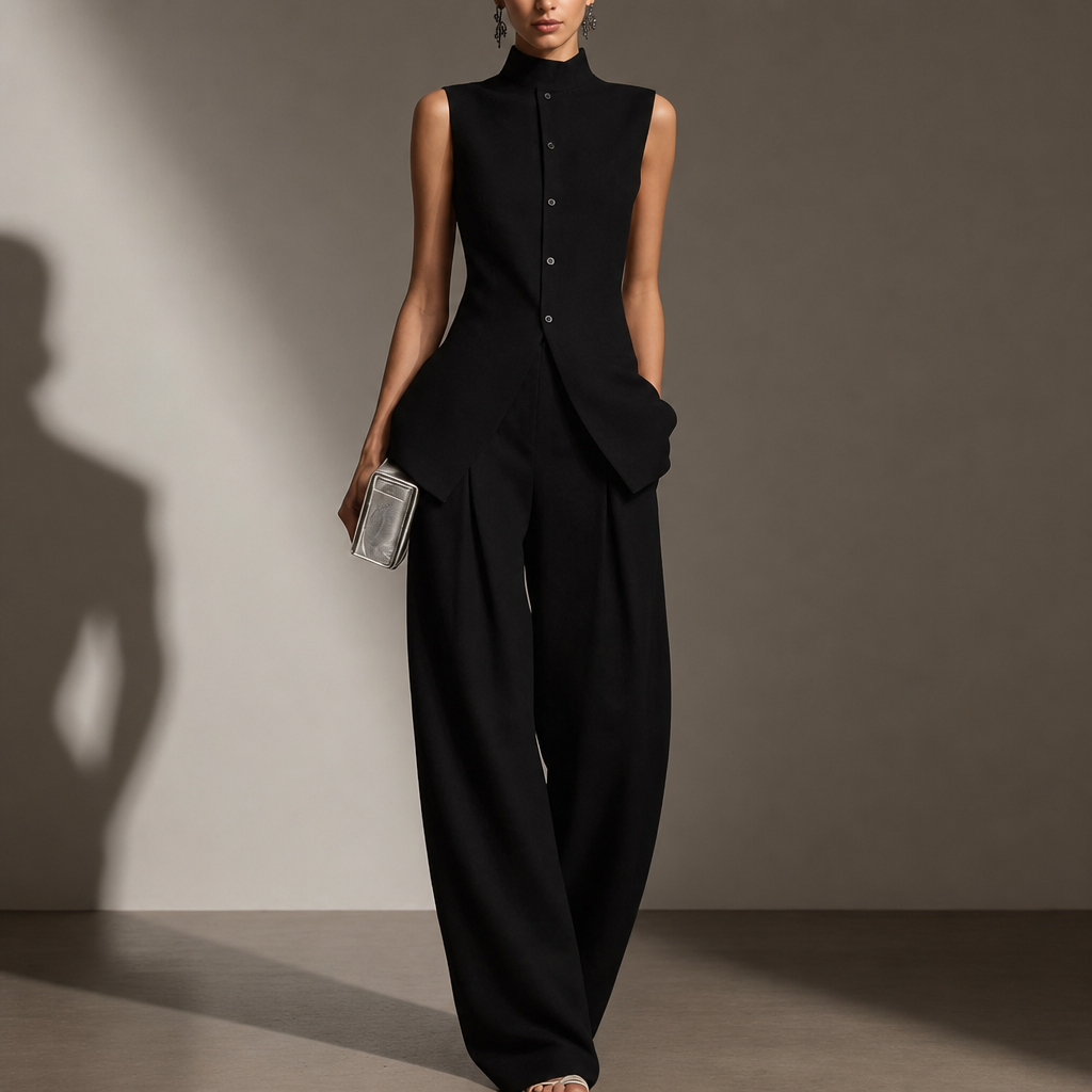 Vence Linen Mock Neck Pant Set in Black