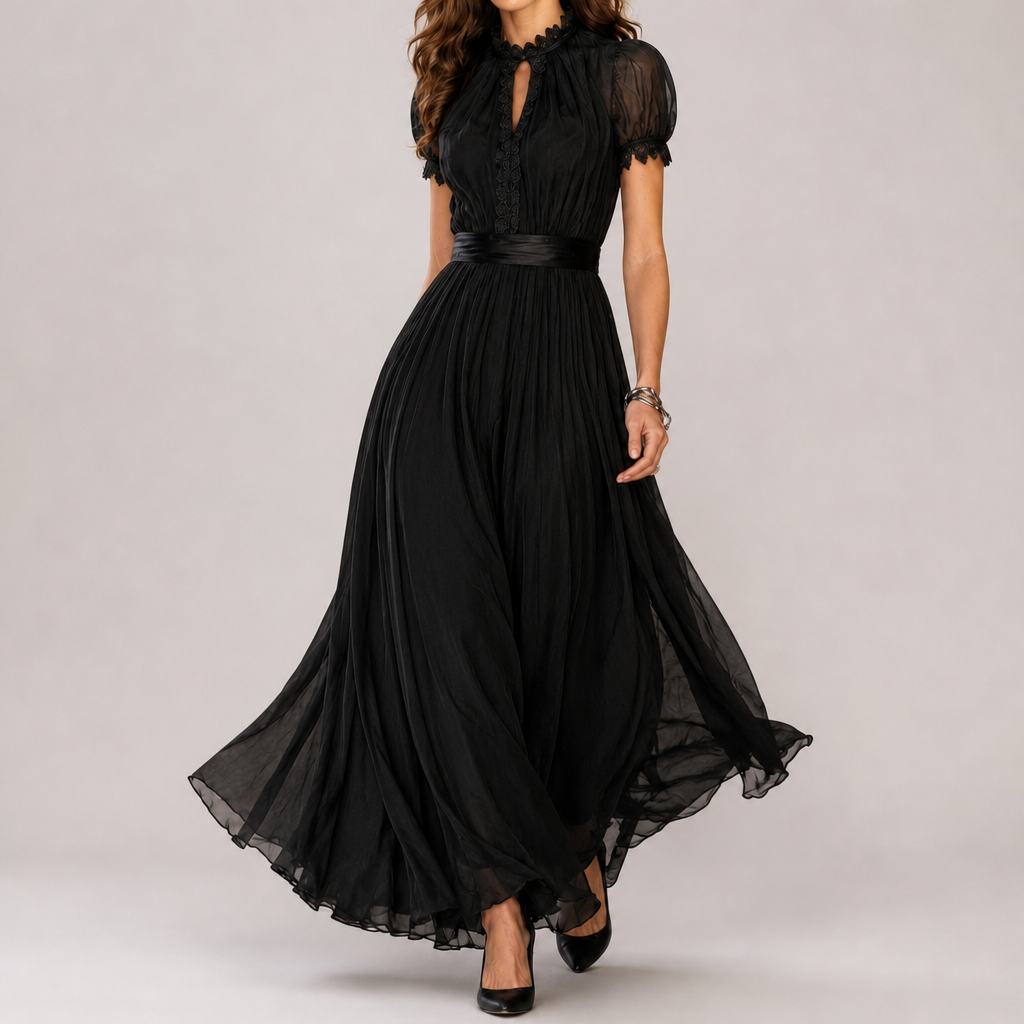 Villefranche Lace Trim Maxi Dress in Black